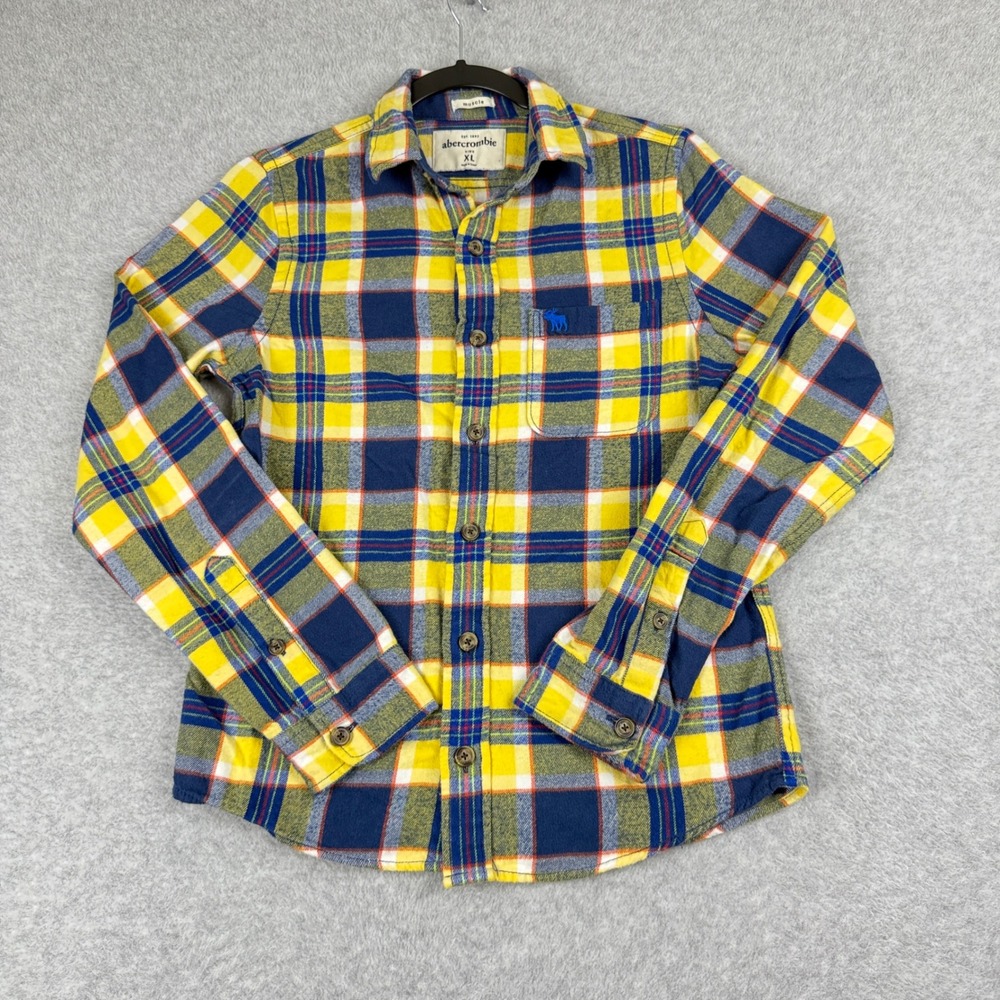 Abercrombie Kids Muscle Button Up Flannel Shirt Boys XL Yellow Blue Plaid Cotton